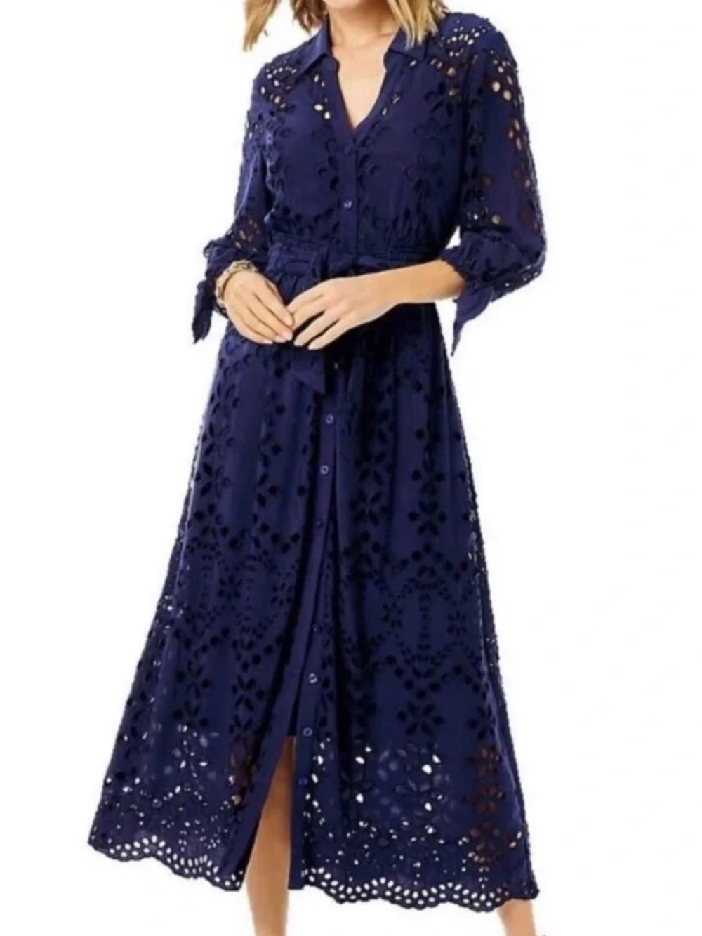 Lilly Pulitzer Navy Blue Amrita Eyelet Midi Button Down Belted Shirtdress 12